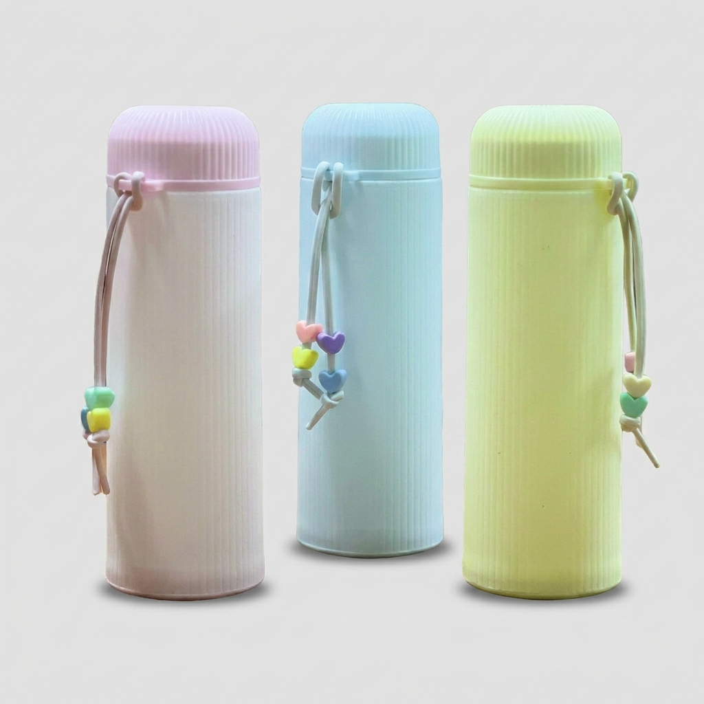 Pastel Ribbed Glass Water Bottles with Heart Charms (Set of 3)