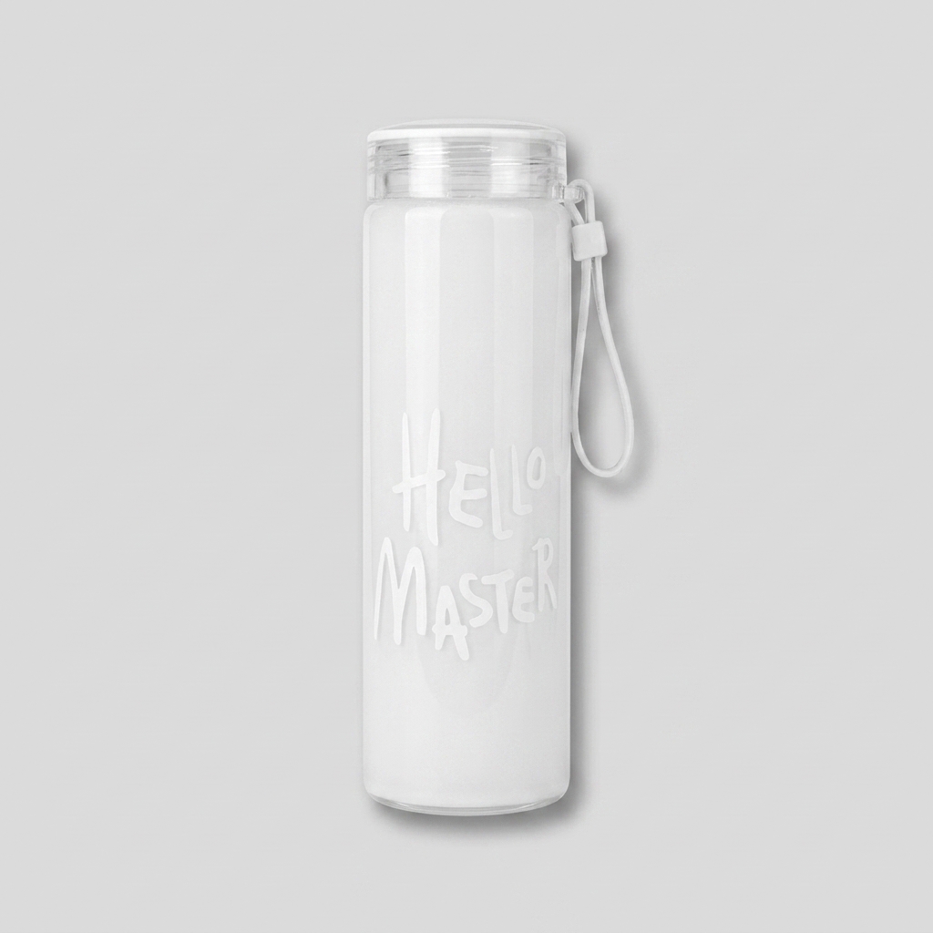 "Hello Master" Frosted Glass Water Bottle (White)