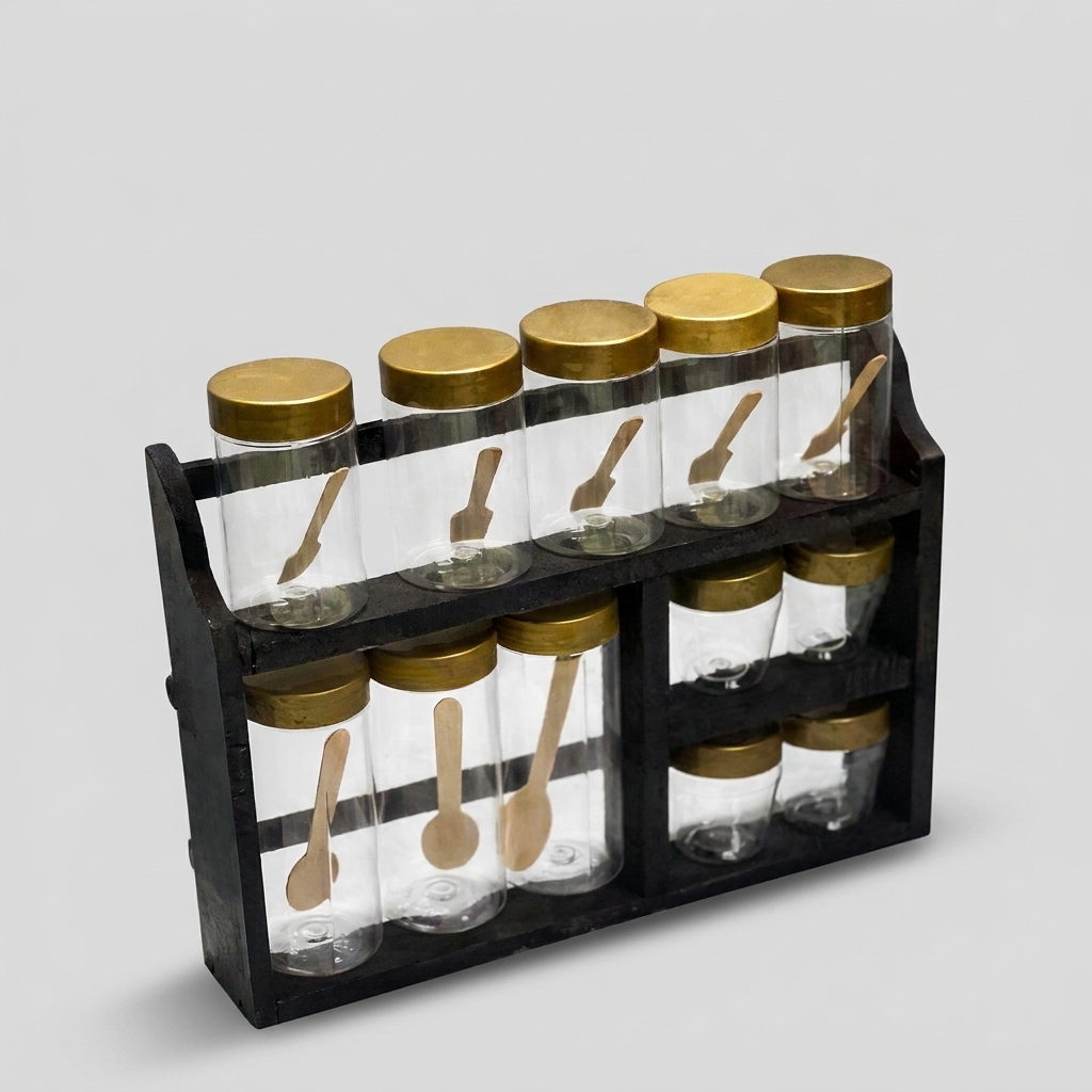 Two-Tier Wooden Spice Rack Organizer with Jars